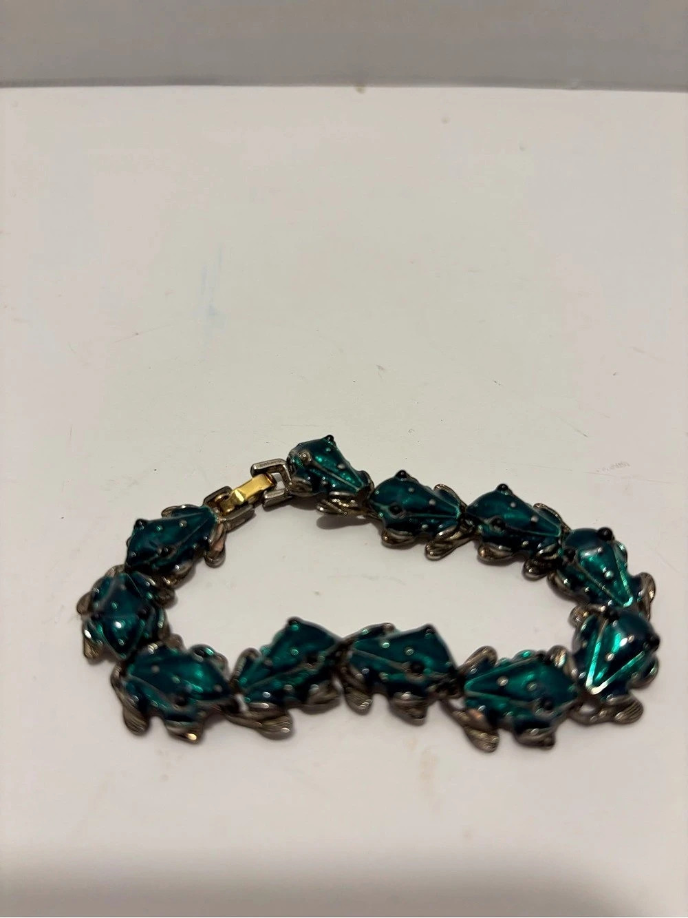 Teal Link Bracelet in Green & Gold frog bracelet, vintage costume jewelry